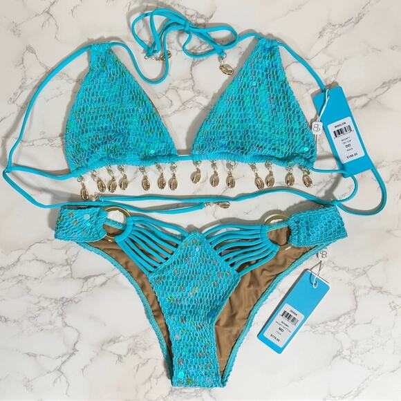 Beach Bunny Winslow Tri Top DD Deana Skimpy Bottom  M- Aqua $366 - Picture 11 of 13